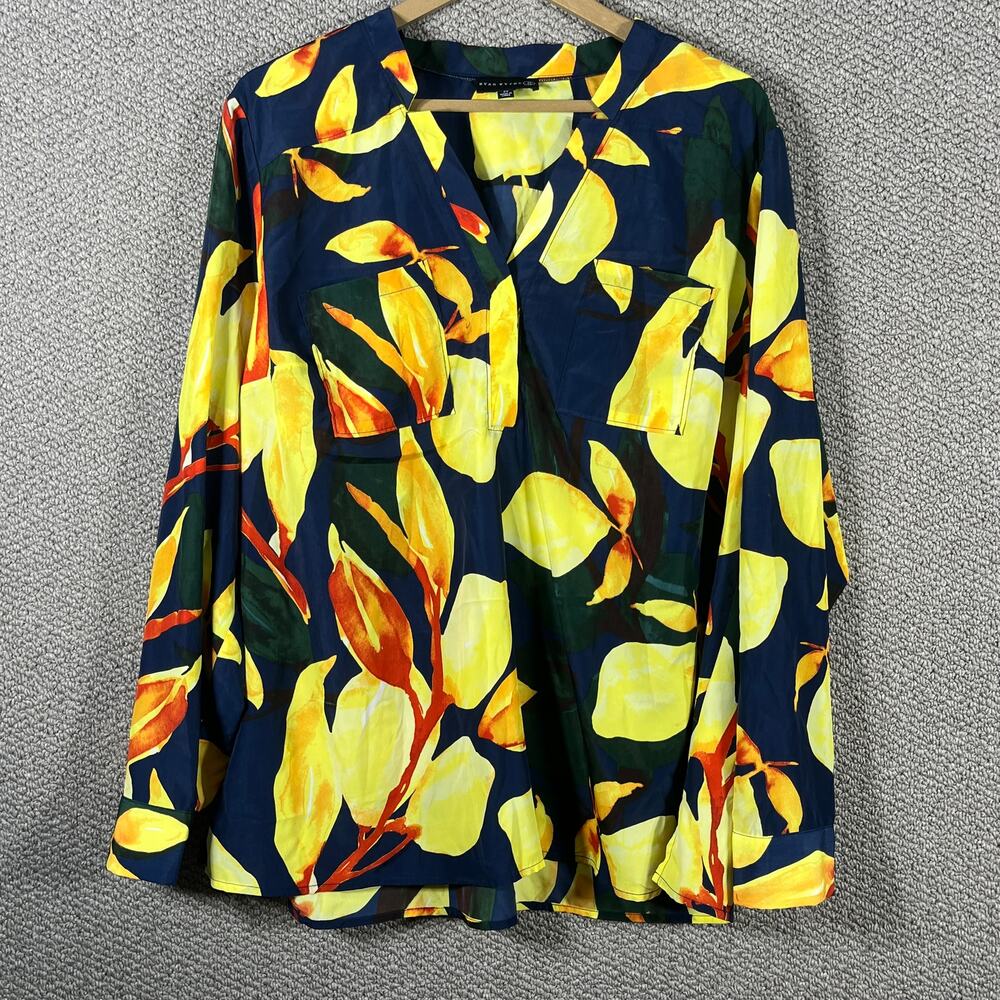 Ryan Wythe‎ Blouse Womens Size 2X Blue Yellow Floral Long Sleeves V-Neck Pockets